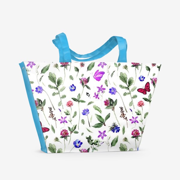 Пляжная сумка «Цветочный паттерн с клевером и бабочками»