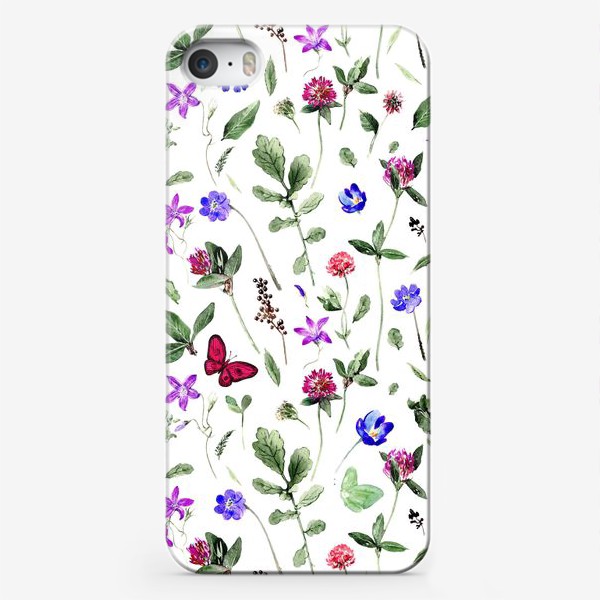 Чехол iPhone «Цветочный паттерн с клевером и бабочками»