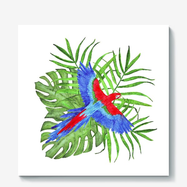 Холст «тропический букет с попугаем ара»