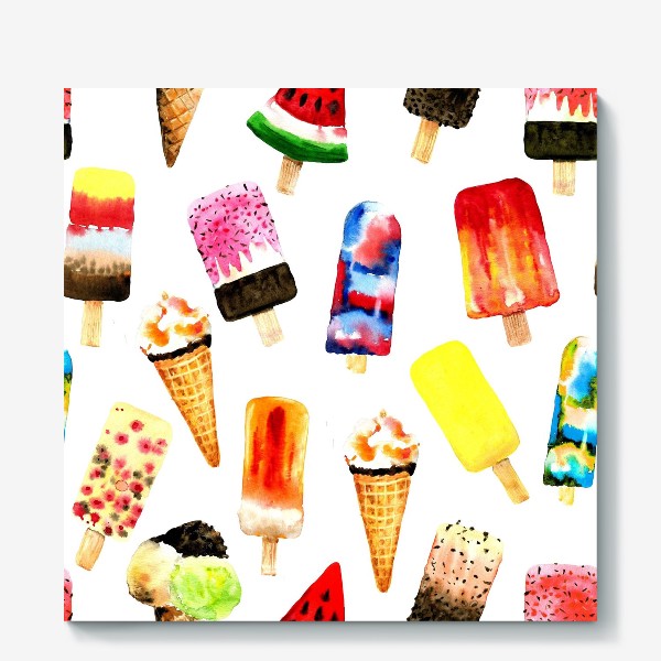 Холст «Watercolor different  ice cream on white background. Summer dessert. Seamless pattern.»