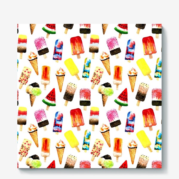 Холст «Watercolor different  ice cream on white background. Summer dessert. Seamless pattern»