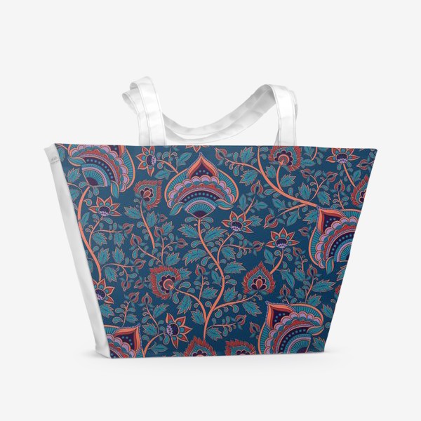 Пляжная сумка «Цветочный паттерн на темно-синем фоне. Восточный орнамент.»