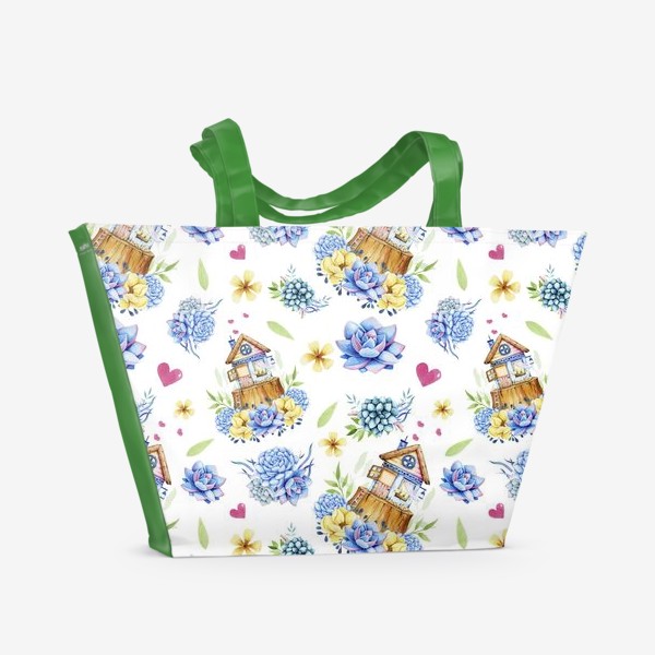Пляжная сумка «Цветочный узор с домиком»