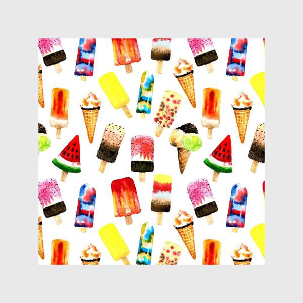 Шторы «Watercolor different  ice cream on white background. Summer dessert. Seamless pattern»