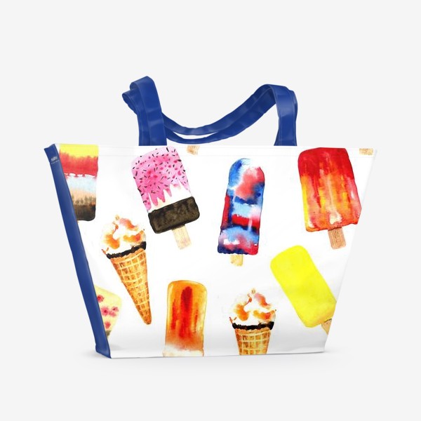 Пляжная сумка «Watercolor different  ice cream on white background. Summer dessert. Seamless pattern.»