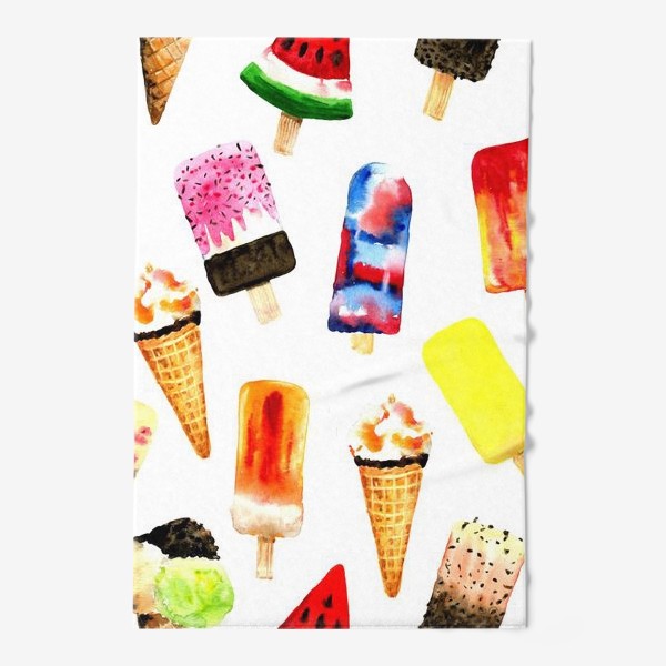 Полотенце &laquo;Watercolor different  ice cream on white background. Summer dessert. Seamless pattern.&raquo;