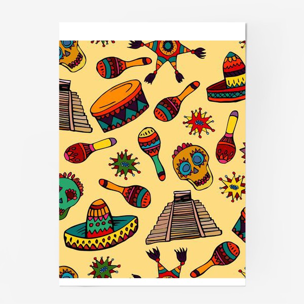 Постер «Пестрый узор с мексиканскими мотивами - шляпой, веселыми черепами и барабаном»