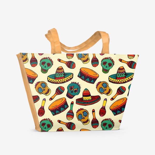 Пляжная сумка «Пестрый узор с мексиканскими мотивами - шляпой, веселыми черепами и барабаном»