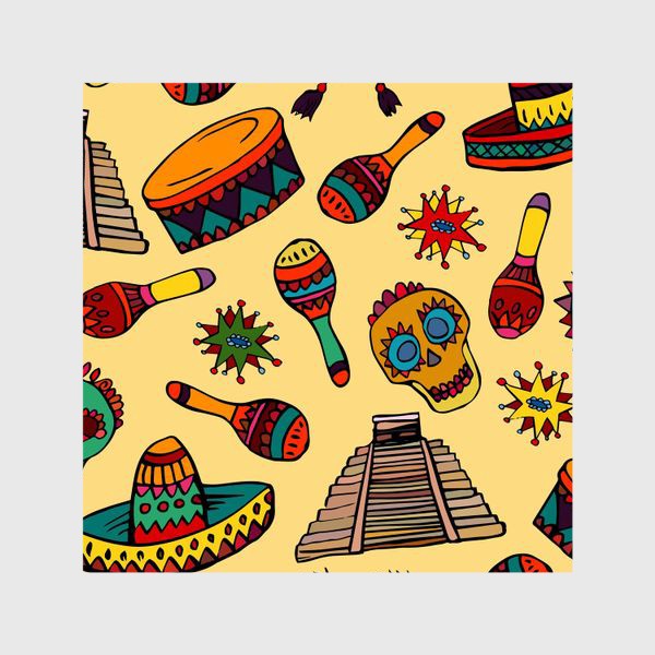 Шторы «Пестрый узор с мексиканскими мотивами - шляпой, веселыми черепами и барабаном»