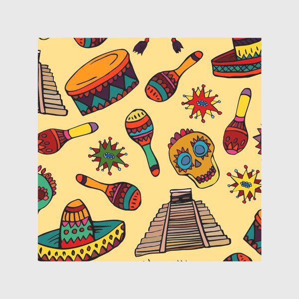 Скатерть «Пестрый узор с мексиканскими мотивами - шляпой, веселыми черепами и барабаном»