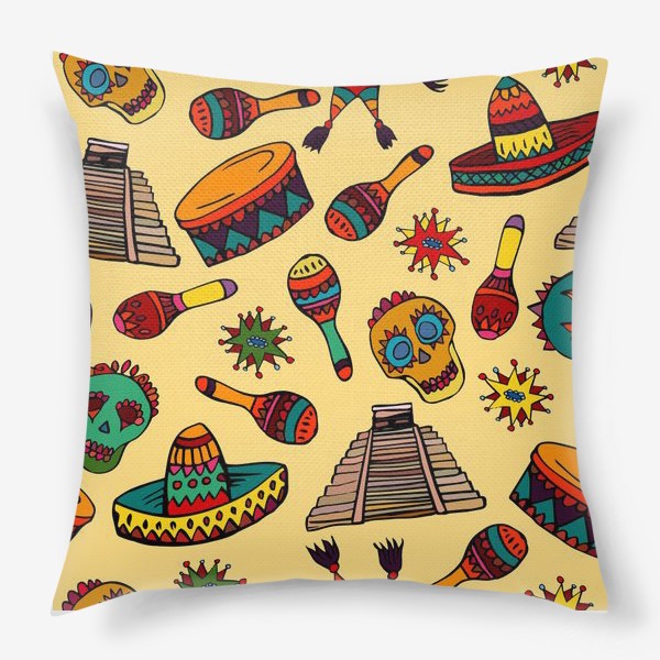 Подушка «Пестрый узор с мексиканскими мотивами - шляпой, веселыми черепами и барабаном»