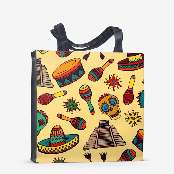 Сумка-шоппер «Пестрый узор с мексиканскими мотивами - шляпой, веселыми черепами и барабаном»