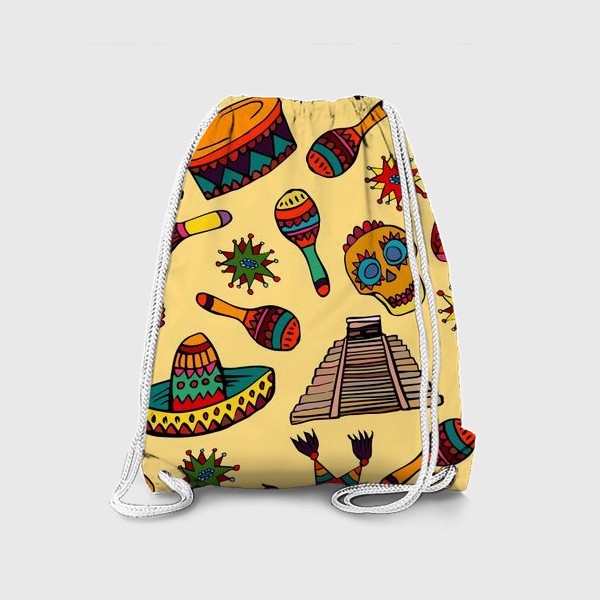 Рюкзак «Пестрый узор с мексиканскими мотивами - шляпой, веселыми черепами и барабаном»