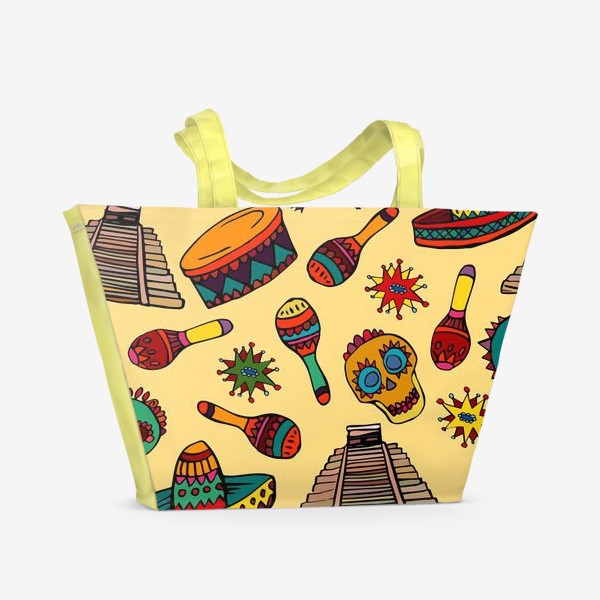 Пляжная сумка «Пестрый узор с мексиканскими мотивами - шляпой, веселыми черепами и барабаном»
