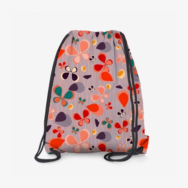 Рюкзак «яркий узор с авбтрактными бабочками и полосками. Нежно фиолетовый с краснами, желтыми и темнами пятнамии»