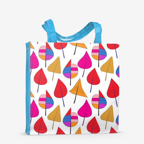 Сумка-шоппер &laquo;Белый фон с абстрактными разноцветными листьями красного,  желтого, голубогоб розового цвета &raquo;