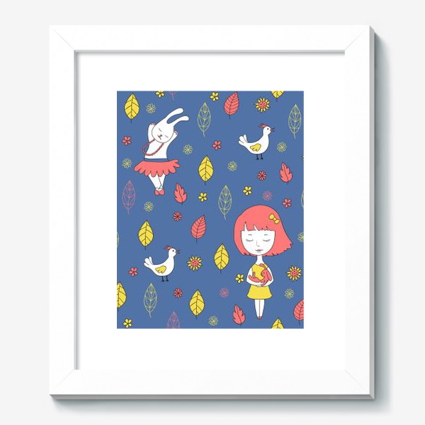 Картина «Синий фон с девочкой, кроликом и курицей»