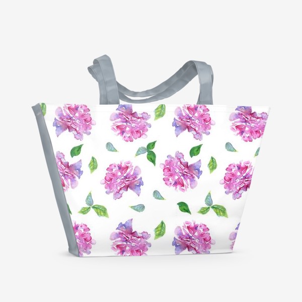 Пляжная сумка «Акварельные нежные фиолетоавые цветы Пионы и листья на белом фоне»