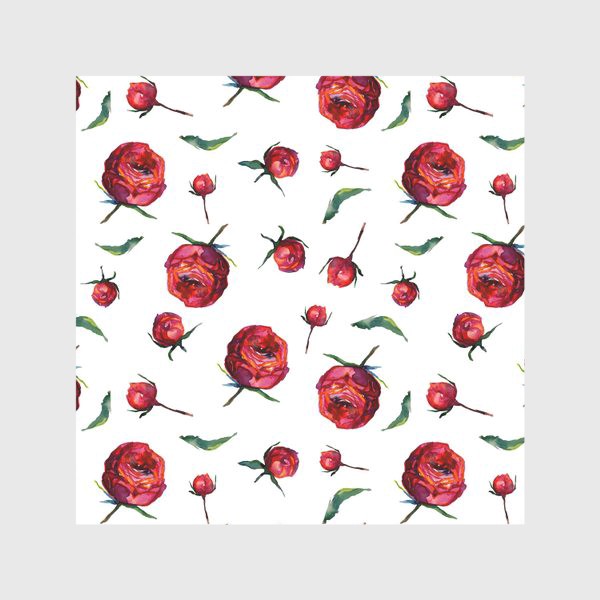 Скатерть «Акварельные нежные красные розы и листья на белом фоне»