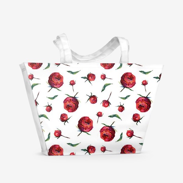 Пляжная сумка «Акварельные нежные красные розы и листья на белом фоне»