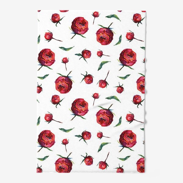 Полотенце «Акварельные нежные красные розы и листья на белом фоне»