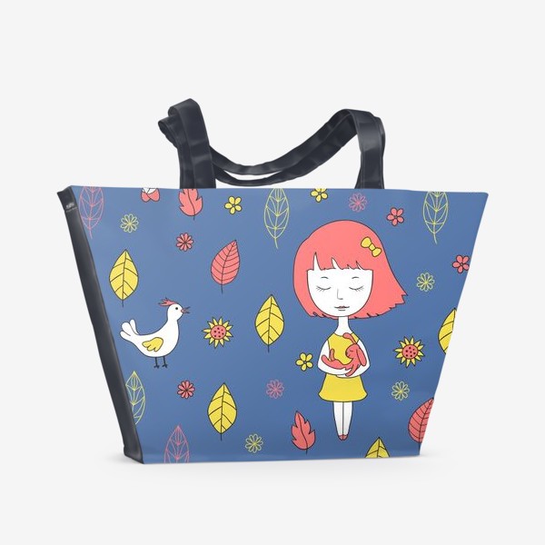 Пляжная сумка «Синий фон с девочкой, кроликом и курицей»