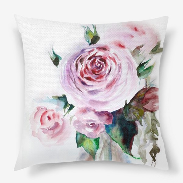 Подушка «Акварельный нежный букет розовых роз на белом фоне»