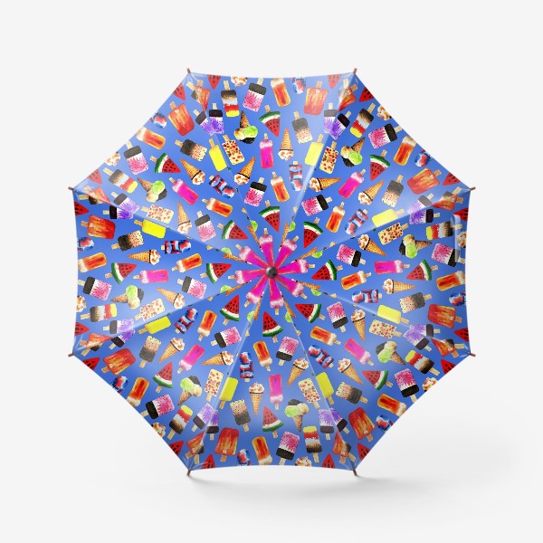 Зонт «Акварельное разное и яркое мороженное на синем фоне. Безшовный узор»