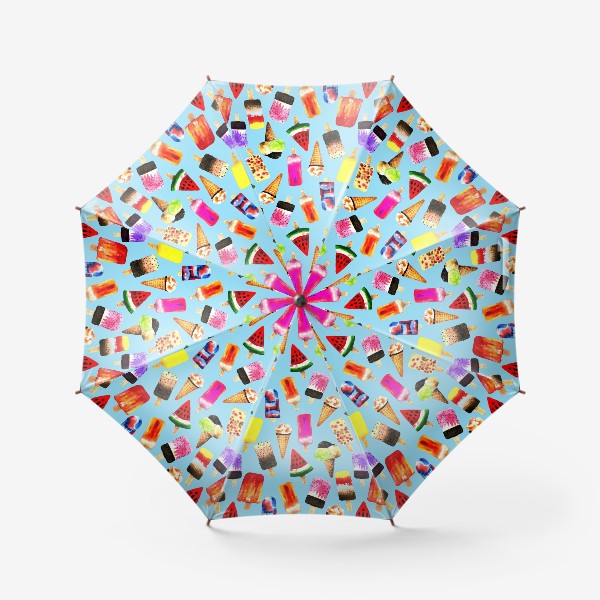Зонт «Акварельное разное и яркое мороженное на голубом фоне. Безшовный узор»