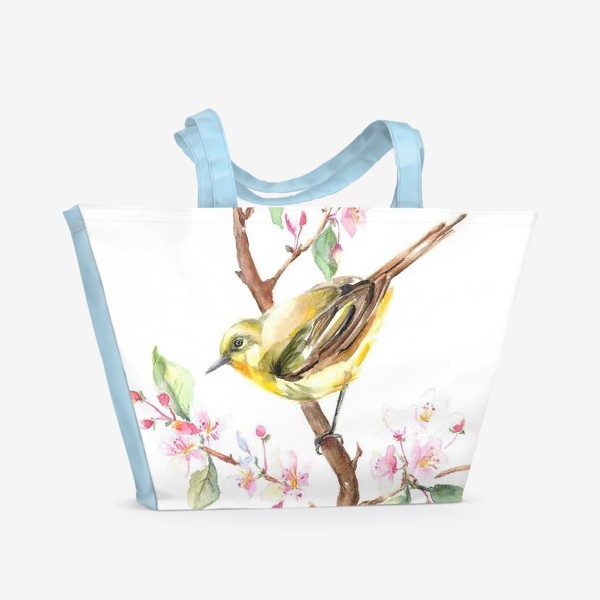 Пляжная сумка «Весенняя птичка на ветке Акварель»