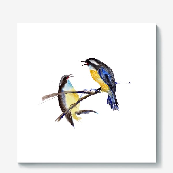 Холст «Акварельное изображение двух птиц, сидящих на ветке на белом фоне»