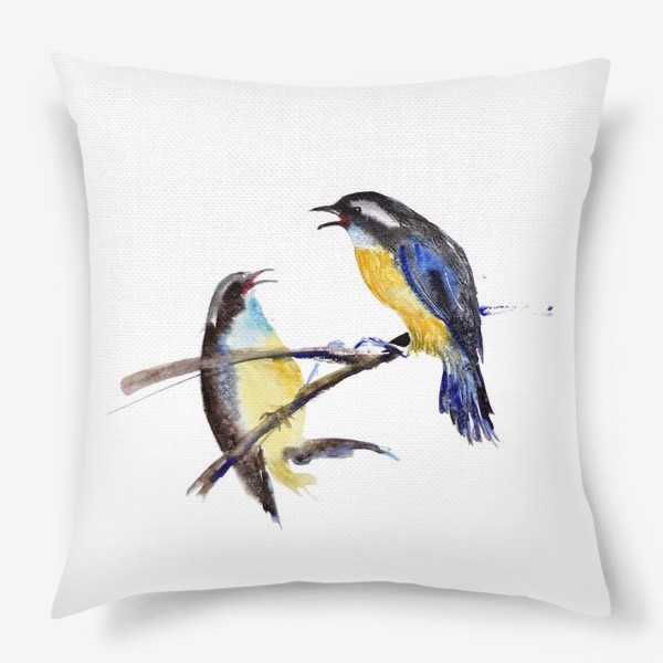 Подушка «Акварельное изображение двух птиц, сидящих на ветке на белом фоне»