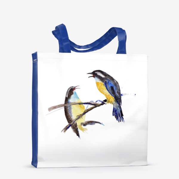 Сумка-шоппер «Акварельное изображение двух птиц, сидящих на ветке на белом фоне»