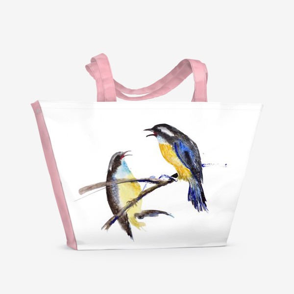 Пляжная сумка «Акварельное изображение двух птиц, сидящих на ветке на белом фоне»