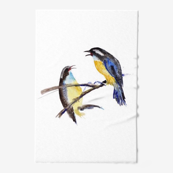 Полотенце «Акварельное изображение двух птиц, сидящих на ветке на белом фоне»