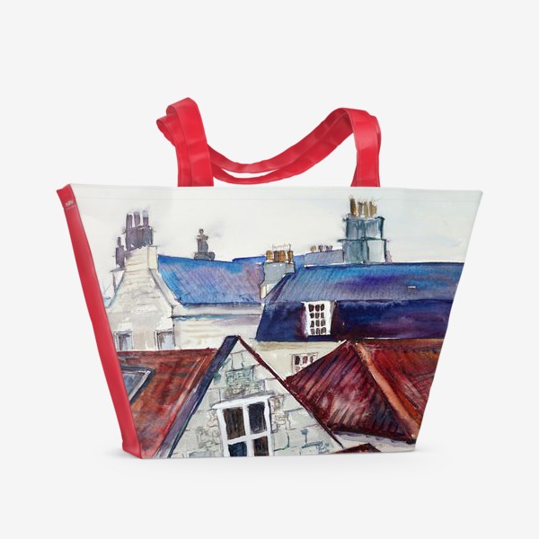 Пляжная сумка &laquo;Акварельное изображение крыш домов, старая черепица и дымоходы&raquo;