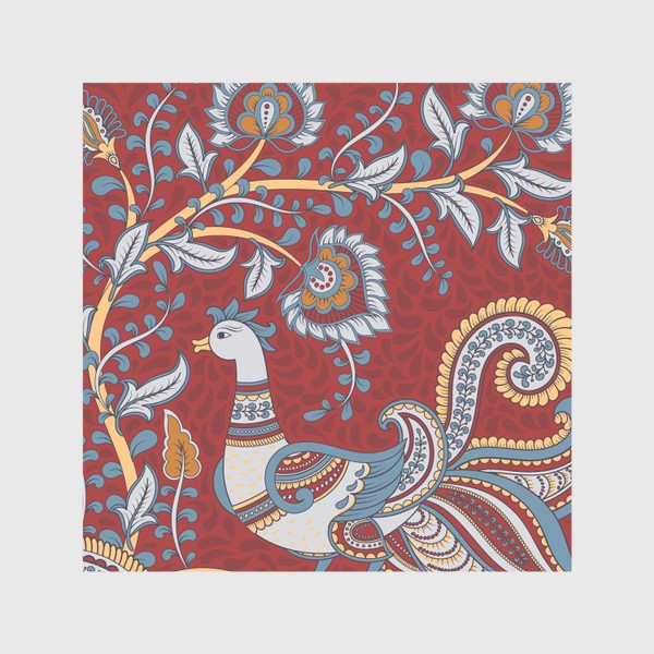 Скатерть «Квадратный орнамент с птицей и цветочной веткой в рамке. Индийский стиль. »