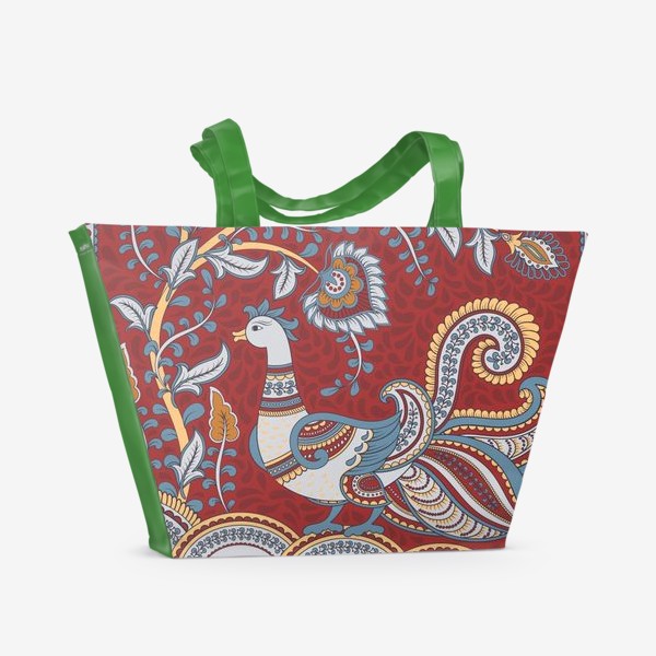 Пляжная сумка «Квадратный орнамент с птицей и цветочной веткой в рамке. Индийский стиль. »