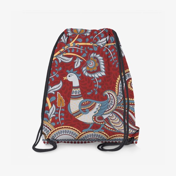 Рюкзак «Квадратный орнамент с птицей и цветочной веткой в рамке. Индийский стиль. »