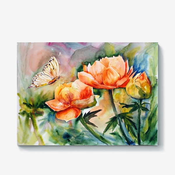 Холст &laquo;Акварельный яркий пейзаж из желто-оранжевых цветов и бабочки на размытом фоне&raquo;