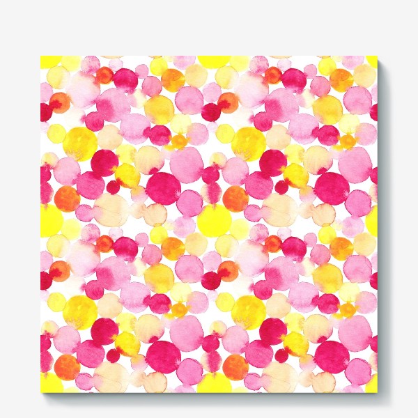Холст «Акварельные круги, летний абстрактный геометрический паттерн в горошек розовый желтый, оранжевый на белом фоне»