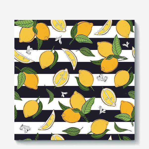 Холст «Принт с лимонами на полосатом фоне»