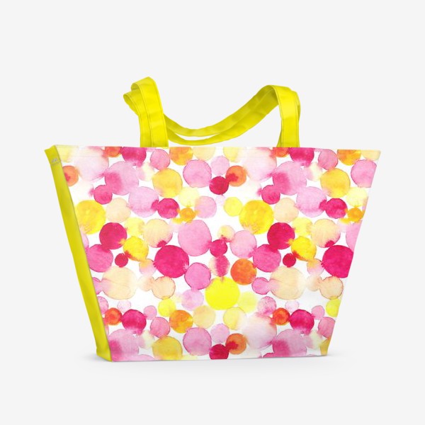 Пляжная сумка «Акварельные круги, летний абстрактный геометрический паттерн в горошек розовый желтый, оранжевый на белом фоне»