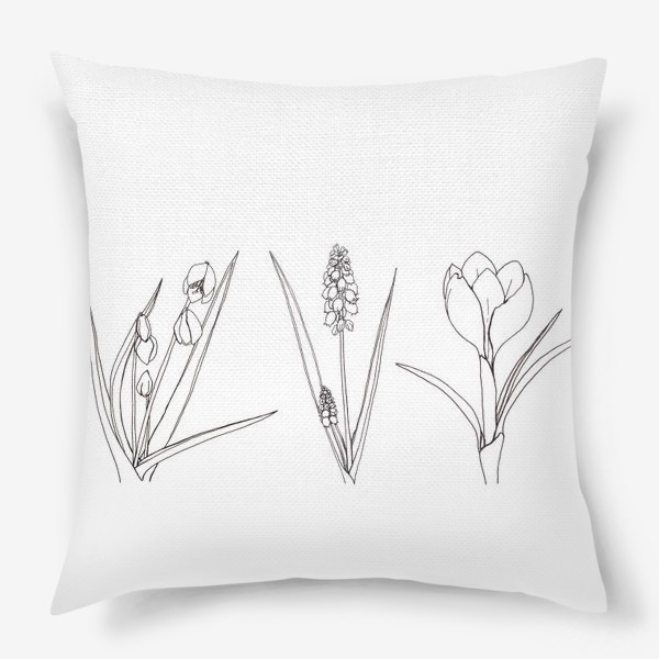 Подушка «Графика черно-белая на белом фоне, весенние цветы крокус, подснежник, мускари (гиацинт), природа, растения»