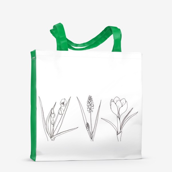 Сумка-шоппер &laquo;Графика черно-белая на белом фоне, весенние цветы крокус, подснежник, мускари (гиацинт), природа, растения&raquo;