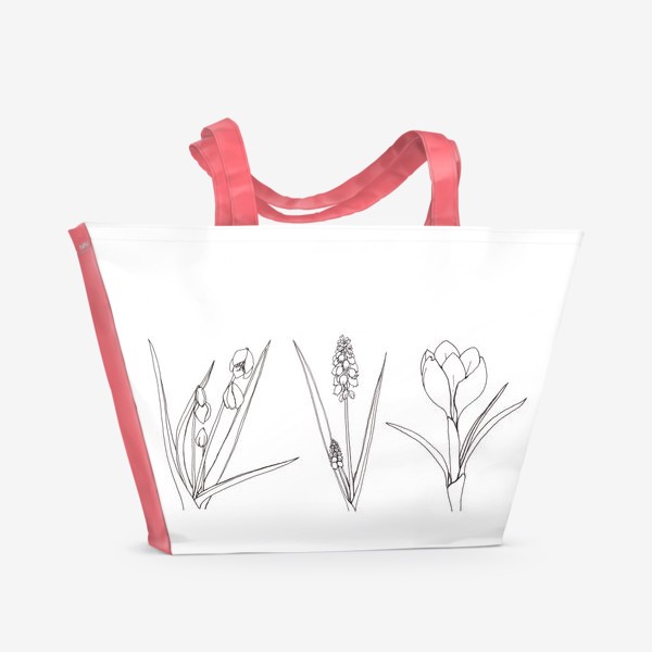 Пляжная сумка &laquo;Графика черно-белая на белом фоне, весенние цветы крокус, подснежник, мускари (гиацинт), природа, растения&raquo;