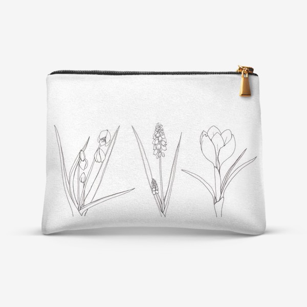 Косметичка &laquo;Графика черно-белая на белом фоне, весенние цветы крокус, подснежник, мускари (гиацинт), природа, растения&raquo;