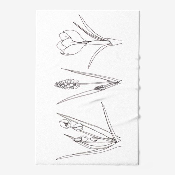 Полотенце «Графика черно-белая на белом фоне, весенние цветы крокус, подснежник, мускари (гиацинт), природа, растения»