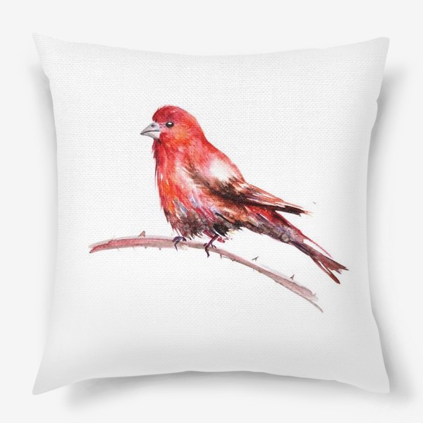 Подушка «Акварельное изображение красной птицы, сидящей на ветке на белом фоне»