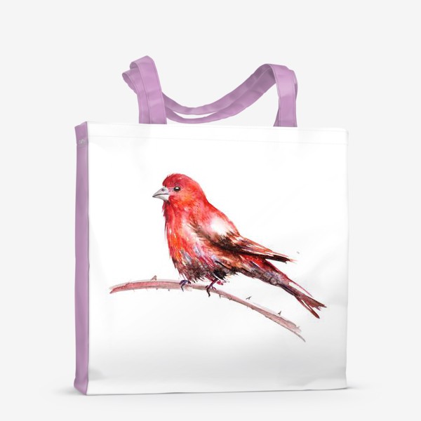 Сумка-шоппер «Акварельное изображение красной птицы, сидящей на ветке на белом фоне»